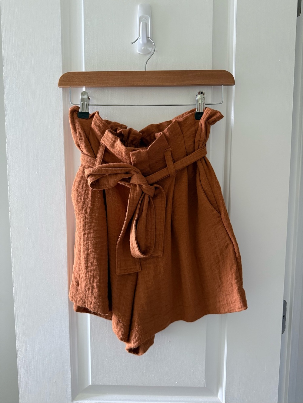 High-Waist Paperbag Tie Shorts - Rust